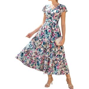 GRACE KARIN 2026 Women Summer Dress,Maxi Short Sleeve Floral Dresses,Semi Formal Flowy Wedding Guest Dress with Pocket(Dark Green Dense Dotted Flowers)