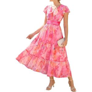 GRACE KARIN 2026 Women Summer Dress,Maxi Short Sleeve Floral Dresses,Semi Formal Flowy Wedding Guest Dress with Pocket(Pink Orange Floral)