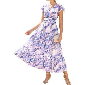 GRACE KARIN 2026 Women Summer Dress,Maxi Short Sleeve Floral Dresses,Semi Formal Flowy Wedding Guest Dress with Pocket(Purple Dotted Flowers)