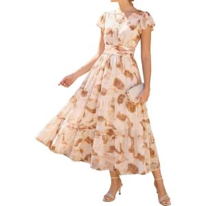GRACE KARIN 2026 Women Summer Dress,Maxi Short Sleeve Floral Dresses,Semi Formal Flowy Wedding Guest Dress with Pocket(Yellow Brown Smudged)