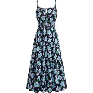 GRACE KARIN 2026 Women’s Hawaiian Midi Sundress Summer Vacation Spaghetti Floral Clothes Boho Casual Dresses with Pockets(Blue Black Floral)