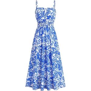 GRACE KARIN 2026 Women’s Hawaiian Midi Sundress Summer Vacation Spaghetti Floral Clothes Boho Casual Dresses with Pockets(Blue Floral)