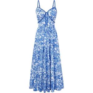 GRACE KARIN 2026 Women’s Spaghetti Strap Resort Wear, Summer Beach Maxi Sundress, Floral Vacation Dresses with Pockets(Blue White Floral)