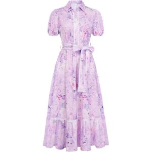 GRACE KARIN Women Summer Floral Maxi Dresses 2026 Wedding Guest Puff Sleeve Shirt Sundresses Boho Spring Clothes with Pockets(Purple Floral)