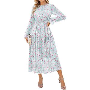 GRACE KARIN Women’s Long Sleeve Maxi Dress 2026 Chiffon Flowy Wedding Guest Dresses Floral Dress with Pockets(Mint Green and Pink Floral)