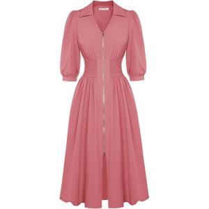 GRACE KARIN Womens Summer Midi Dress 2026 A Line Business Office Work Dress Fit and Flare Zipper 3/4 Sleeve Dress with Pocket(Dark Pink)