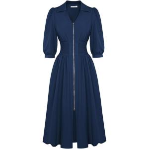 GRACE KARIN Womens Summer Midi Dress 2026 A Line Business Office Work Dress Fit and Flare Zipper 3/4 Sleeve Dress with Pocket(Navy Blue)