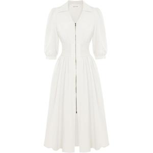 GRACE KARIN Womens Summer Midi Dress 2026 A Line Business Office Work Dress Fit and Flare Zipper 3/4 Sleeve Dress with Pocket(White)