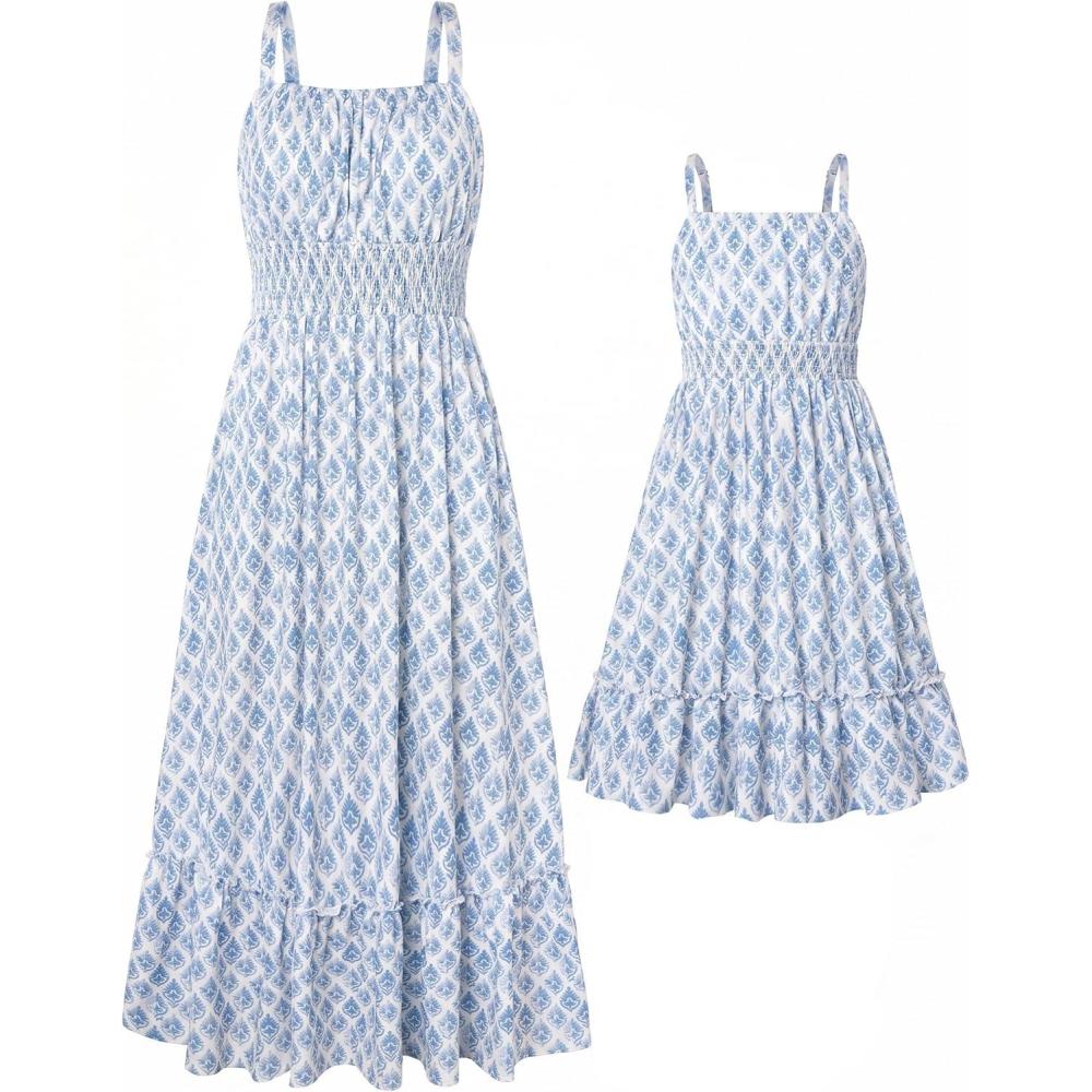 imageGRACE KARIN Mommy and Me Floral Smocked DressSpaghetti Strap Boho DressSummer Maxi Dress with PocketsEthnic Floral