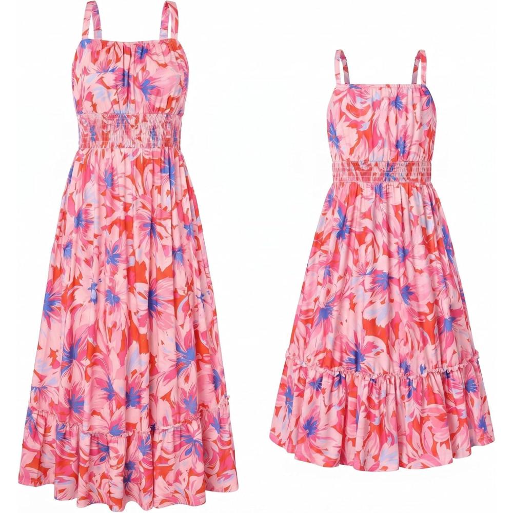 imageGRACE KARIN Mommy and Me Floral Smocked DressSpaghetti Strap Boho DressSummer Maxi Dress with PocketsPink Flower