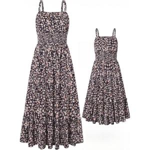 GRACE KARIN Mommy and Me Floral Smocked Dress,Spaghetti Strap Boho Dress,Summer Maxi Dress with Pockets(Black Flower)