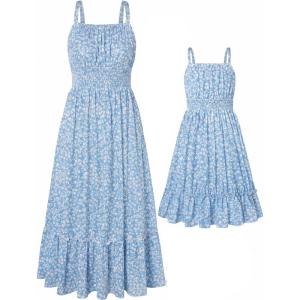 GRACE KARIN Mommy and Me Floral Smocked Dress,Spaghetti Strap Boho Dress,Summer Maxi Dress with Pockets(Blue White Flower)