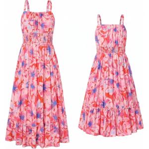 GRACE KARIN Mommy and Me Floral Smocked Dress,Spaghetti Strap Boho Dress,Summer Maxi Dress with Pockets(Pink Flower)