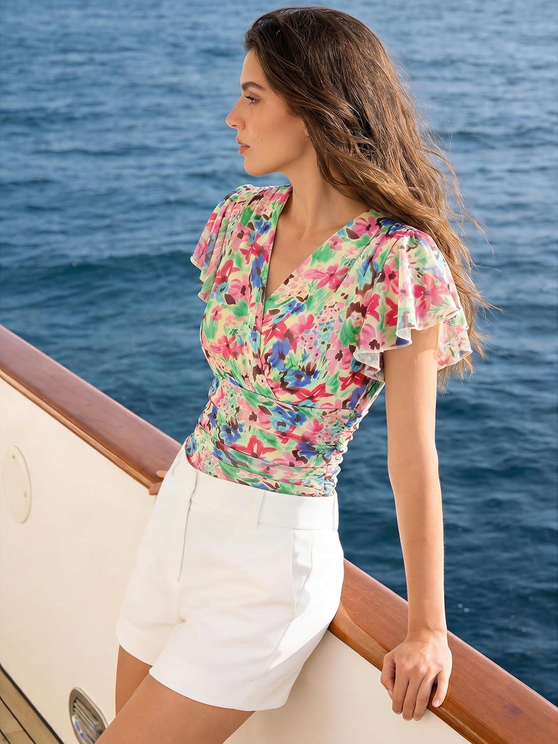 imageGRACE KARIN 2026 Womens Mesh Tops Summer Ruffle Sleeve Dressy Casual Top Floral Wrap Blouse Fashion OutfitsGreen Pink