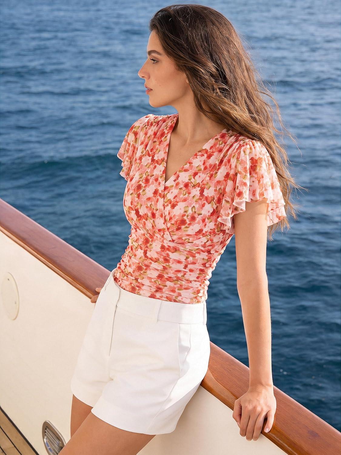 imageGRACE KARIN 2026 Womens Mesh Tops Summer Ruffle Sleeve Dressy Casual Top Floral Wrap Blouse Fashion OutfitsOrange Floral