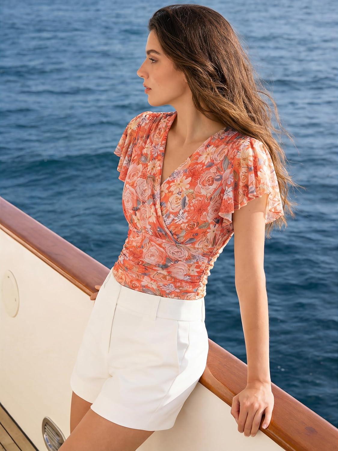 imageGRACE KARIN 2026 Womens Mesh Tops Summer Ruffle Sleeve Dressy Casual Top Floral Wrap Blouse Fashion OutfitsOrange Flower