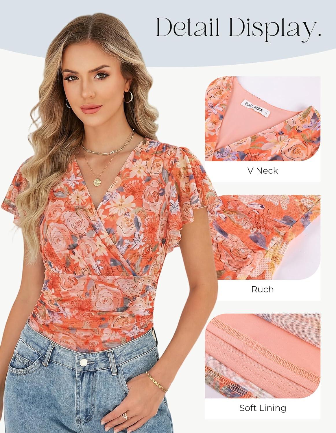 imageGRACE KARIN 2026 Womens Mesh Tops Summer Ruffle Sleeve Dressy Casual Top Floral Wrap Blouse Fashion OutfitsOrange Flower