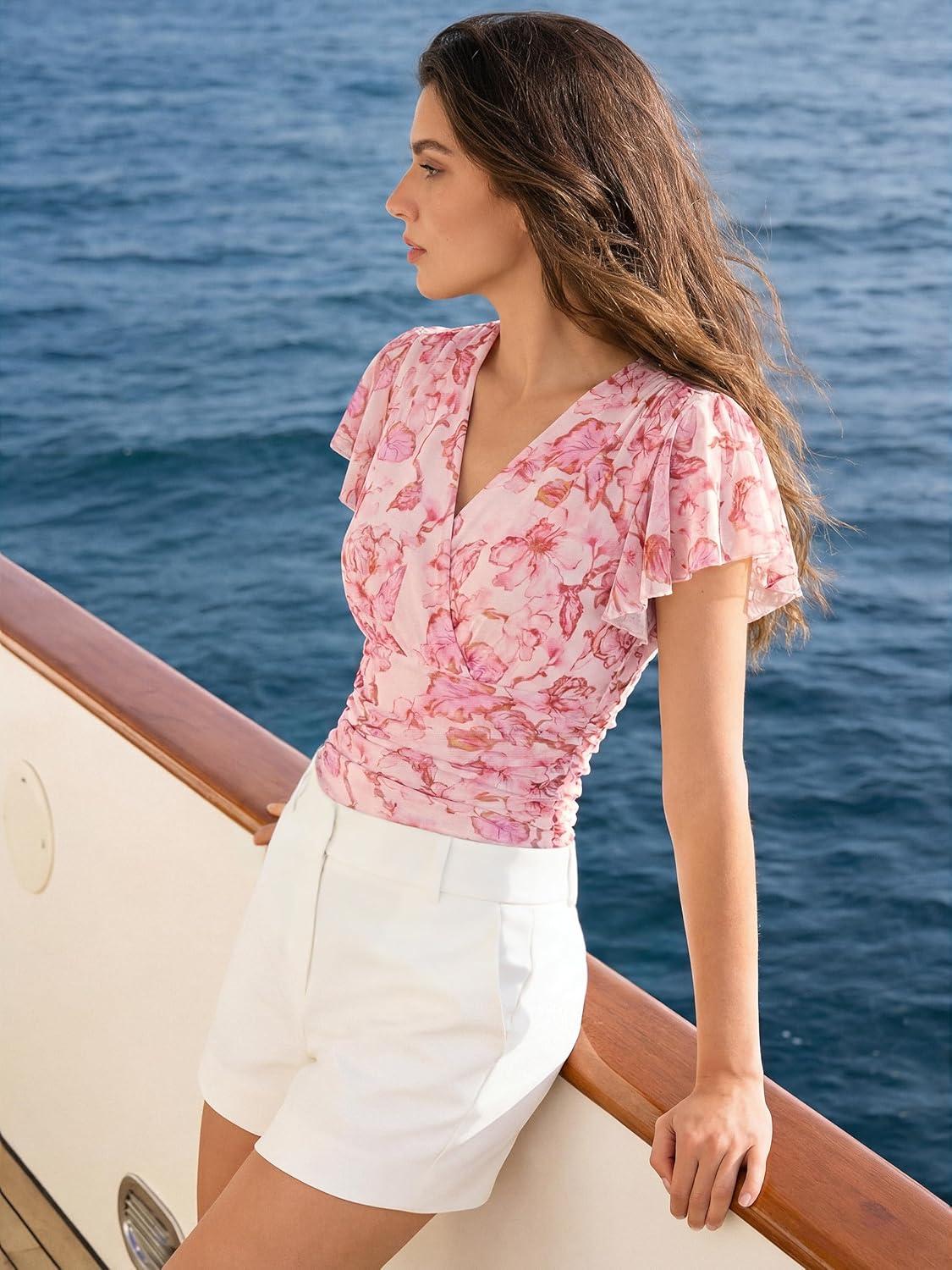 imageGRACE KARIN 2026 Womens Mesh Tops Summer Ruffle Sleeve Dressy Casual Top Floral Wrap Blouse Fashion OutfitsPink Floral