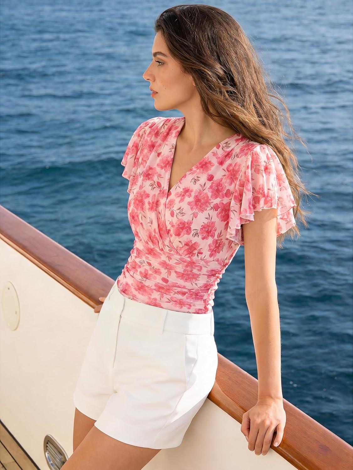 imageGRACE KARIN 2026 Womens Mesh Tops Summer Ruffle Sleeve Dressy Casual Top Floral Wrap Blouse Fashion OutfitsPink Red