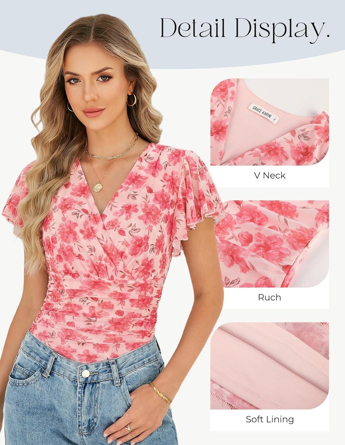 imageGRACE KARIN 2026 Womens Mesh Tops Summer Ruffle Sleeve Dressy Casual Top Floral Wrap Blouse Fashion OutfitsPink Red