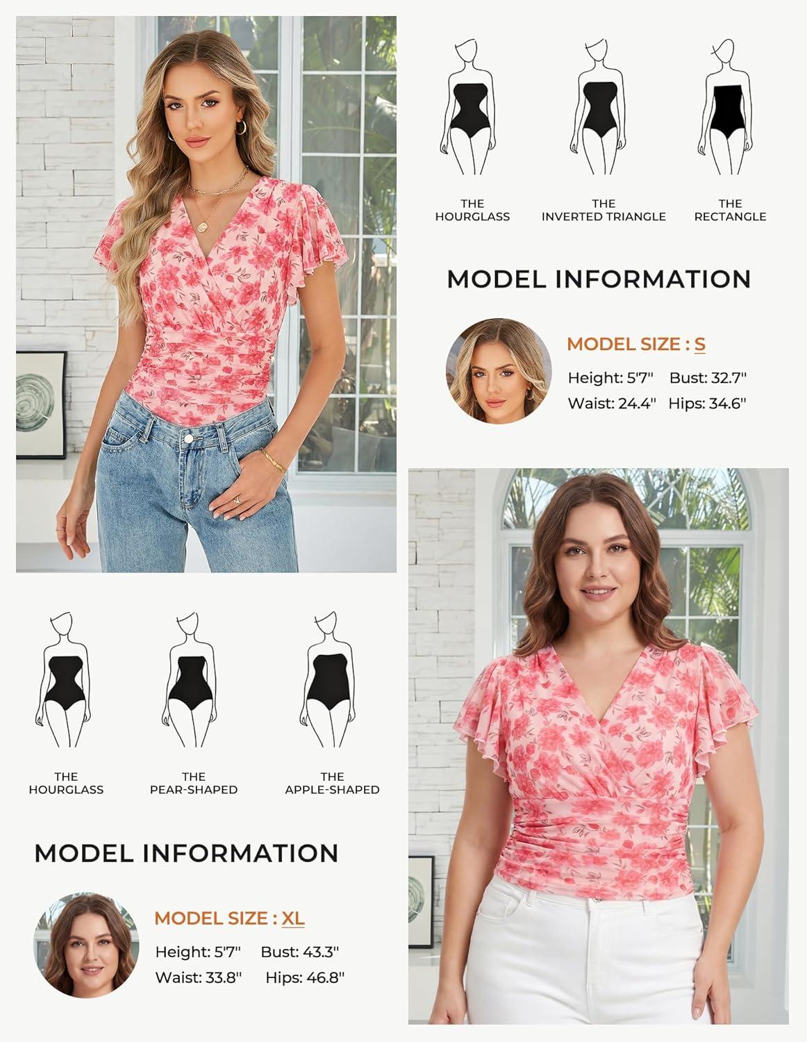 imageGRACE KARIN 2026 Womens Mesh Tops Summer Ruffle Sleeve Dressy Casual Top Floral Wrap Blouse Fashion OutfitsPink Red