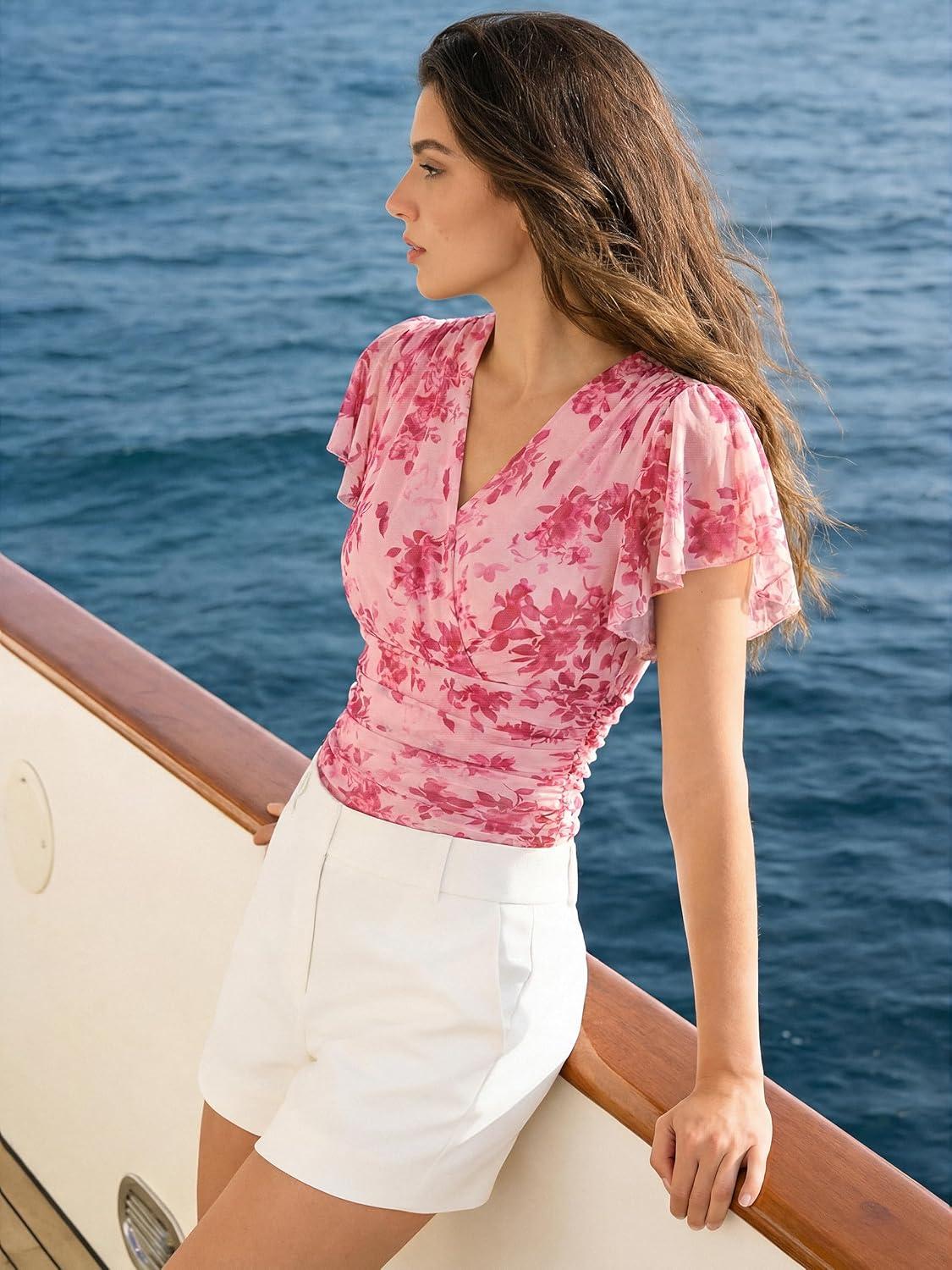 imageGRACE KARIN 2026 Womens Mesh Tops Summer Ruffle Sleeve Dressy Casual Top Floral Wrap Blouse Fashion OutfitsPink Red Floral
