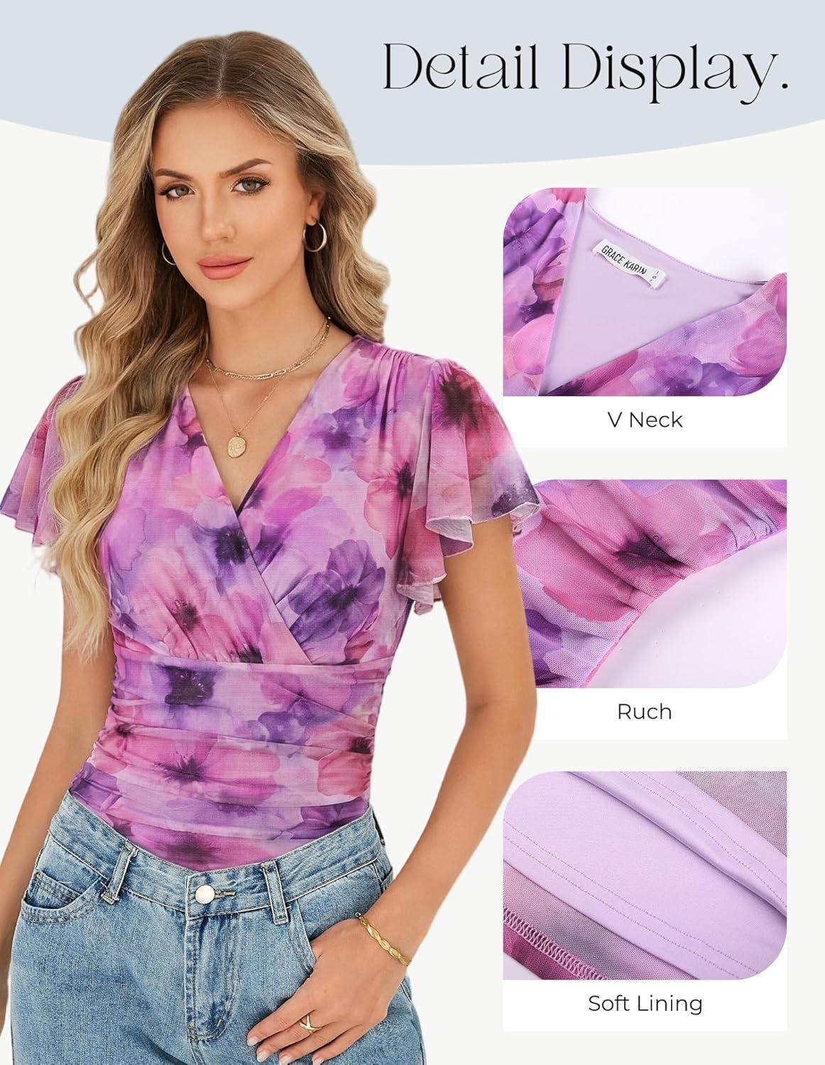 imageGRACE KARIN 2026 Womens Mesh Tops Summer Ruffle Sleeve Dressy Casual Top Floral Wrap Blouse Fashion OutfitsPurple