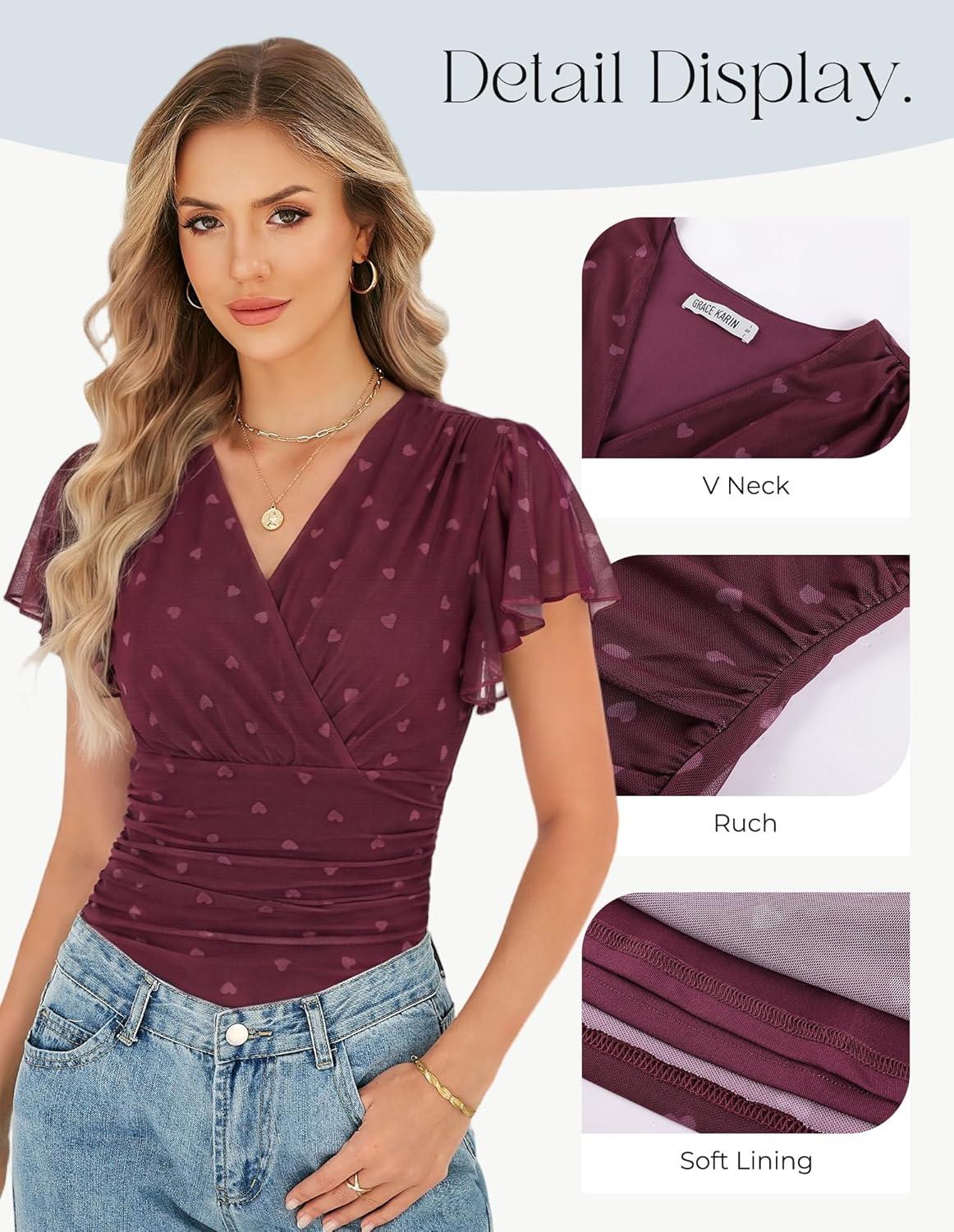 imageGRACE KARIN 2026 Womens Mesh Tops Summer Ruffle Sleeve Dressy Casual Top Floral Wrap Blouse Fashion OutfitsWine Red