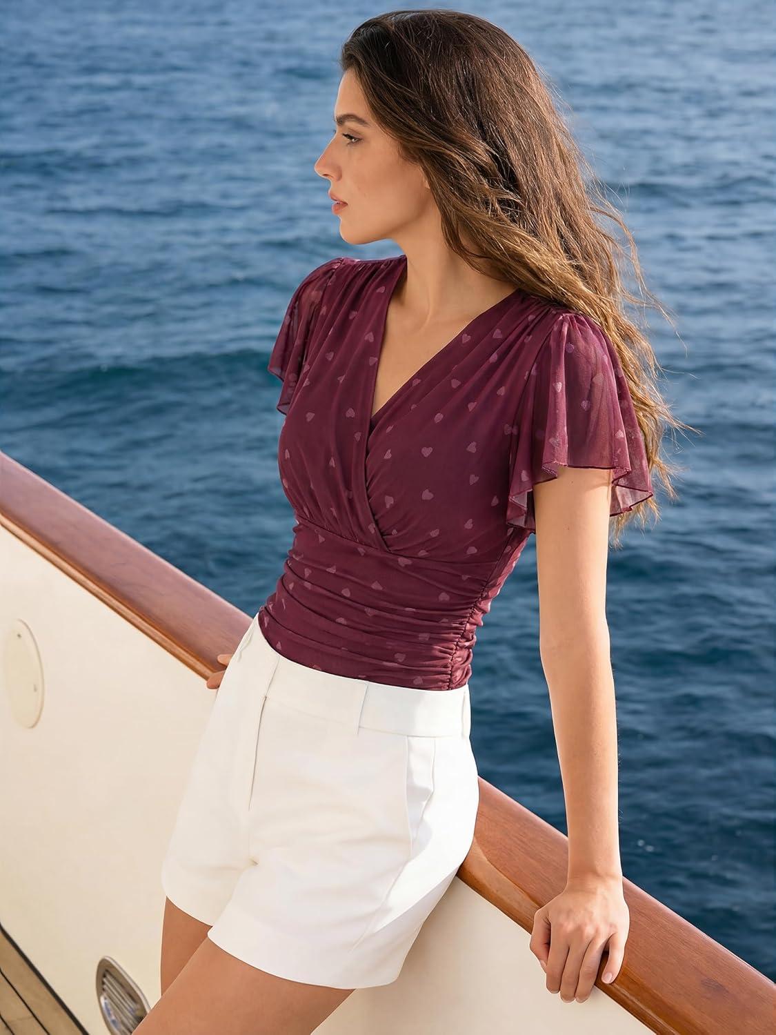imageGRACE KARIN 2026 Womens Mesh Tops Summer Ruffle Sleeve Dressy Casual Top Floral Wrap Blouse Fashion OutfitsWine Red