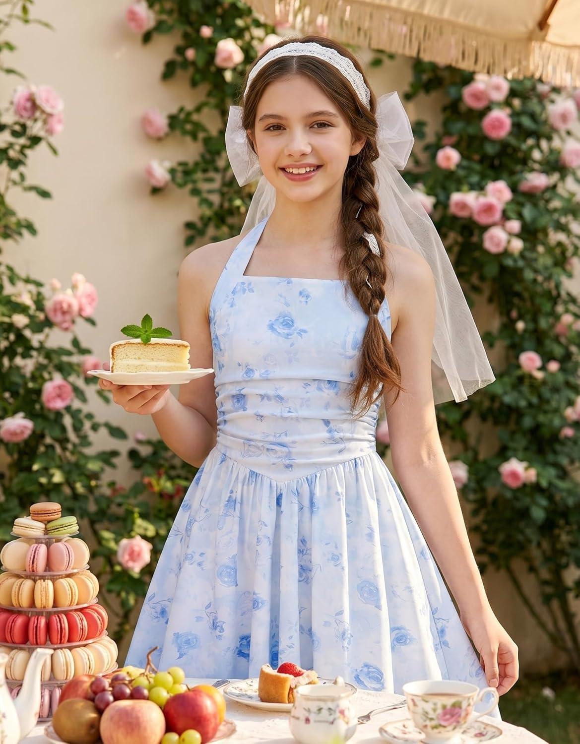 imageGRACE KARIN Girls Floral Summer Dress Spring Holiday Beach Party Sundress Halter Neck Tie Backless Dresses 716 YearsLight Blue Roses
