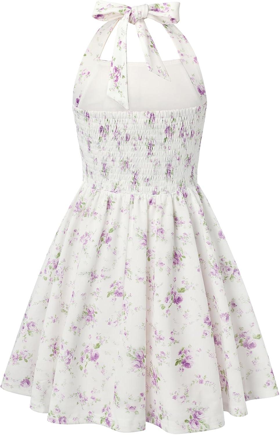 imageGRACE KARIN Girls Floral Summer Dress Spring Holiday Beach Party Sundress Halter Neck Tie Backless Dresses 716 YearsPurple Green Floral