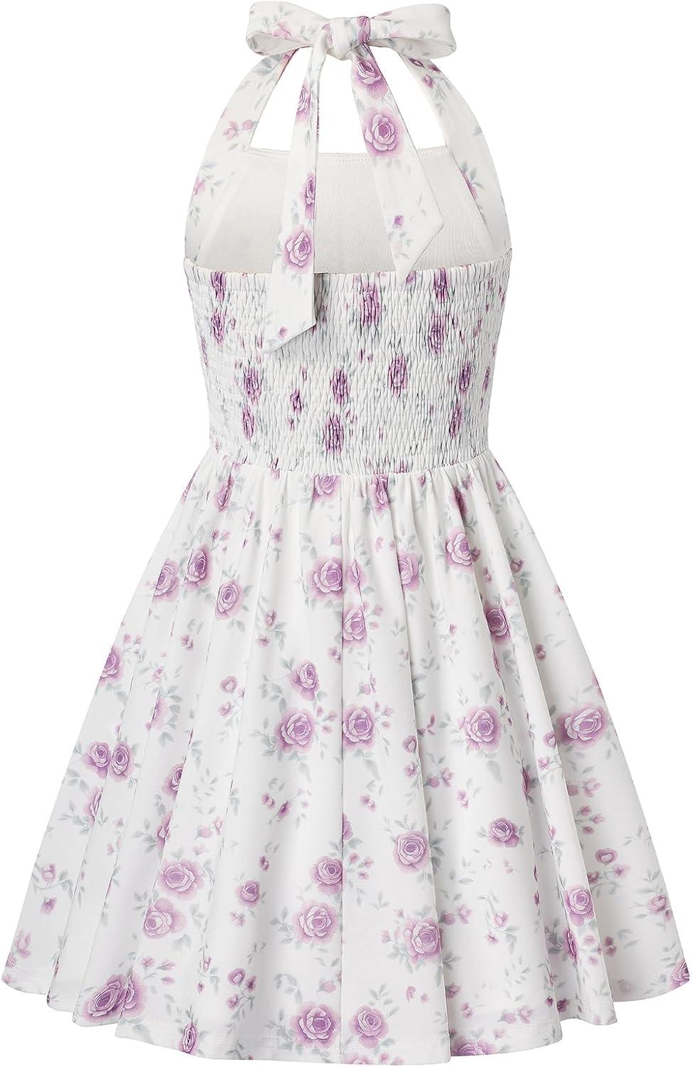 imageGRACE KARIN Girls Floral Summer Dress Spring Holiday Beach Party Sundress Halter Neck Tie Backless Dresses 716 YearsPurple Roses