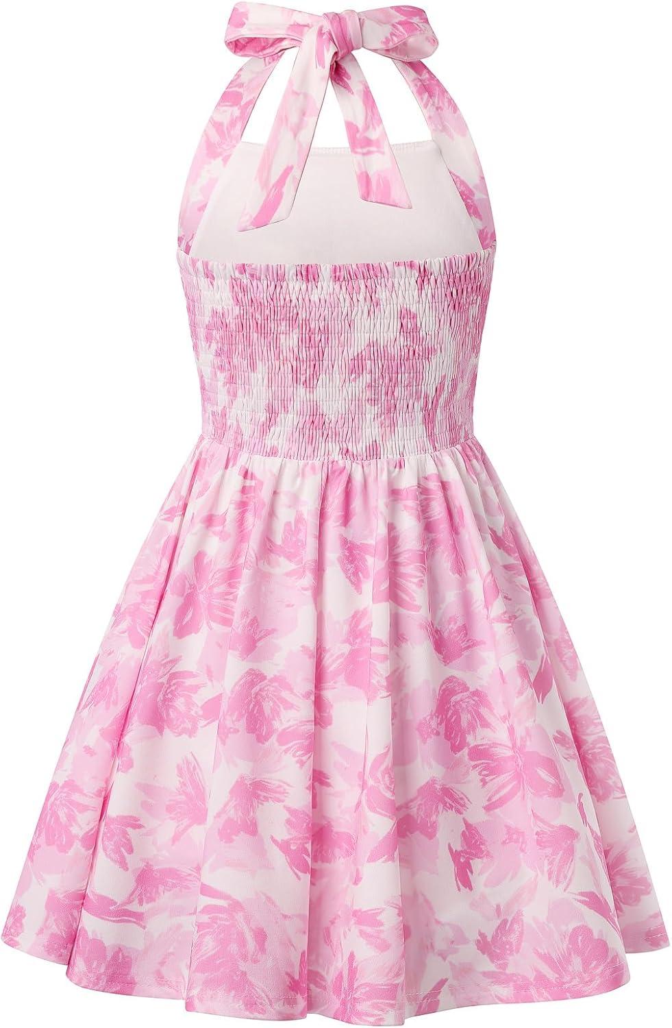 imageGRACE KARIN Girls Floral Summer Dress Spring Holiday Beach Party Sundress Halter Neck Tie Backless Dresses 716 YearsRose Red Leaves