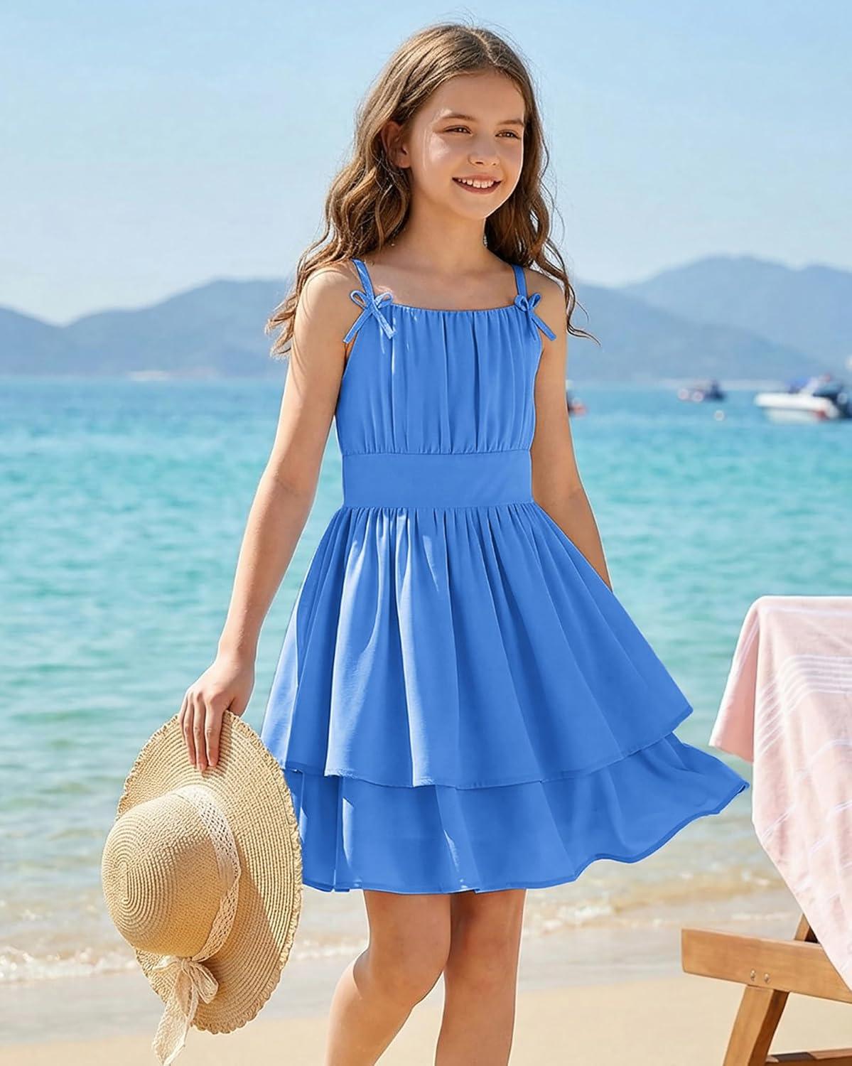 imageGRACE KARIN Girls Summer Spaghetti Strap Dress Teen Easter Formal Dance Cami Sundress Smocked Back Dresses 714 YearsDark Denim Blue