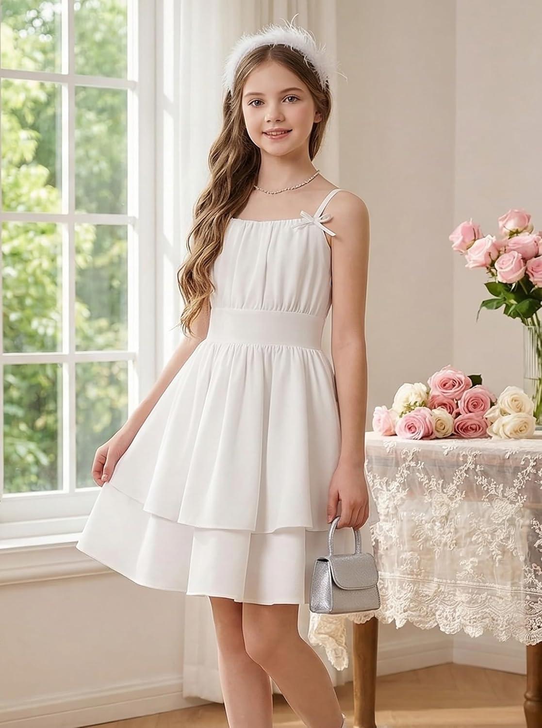 imageGRACE KARIN Girls Summer Spaghetti Strap Dress Teen Easter Formal Dance Cami Sundress Smocked Back Dresses 714 YearsWhite