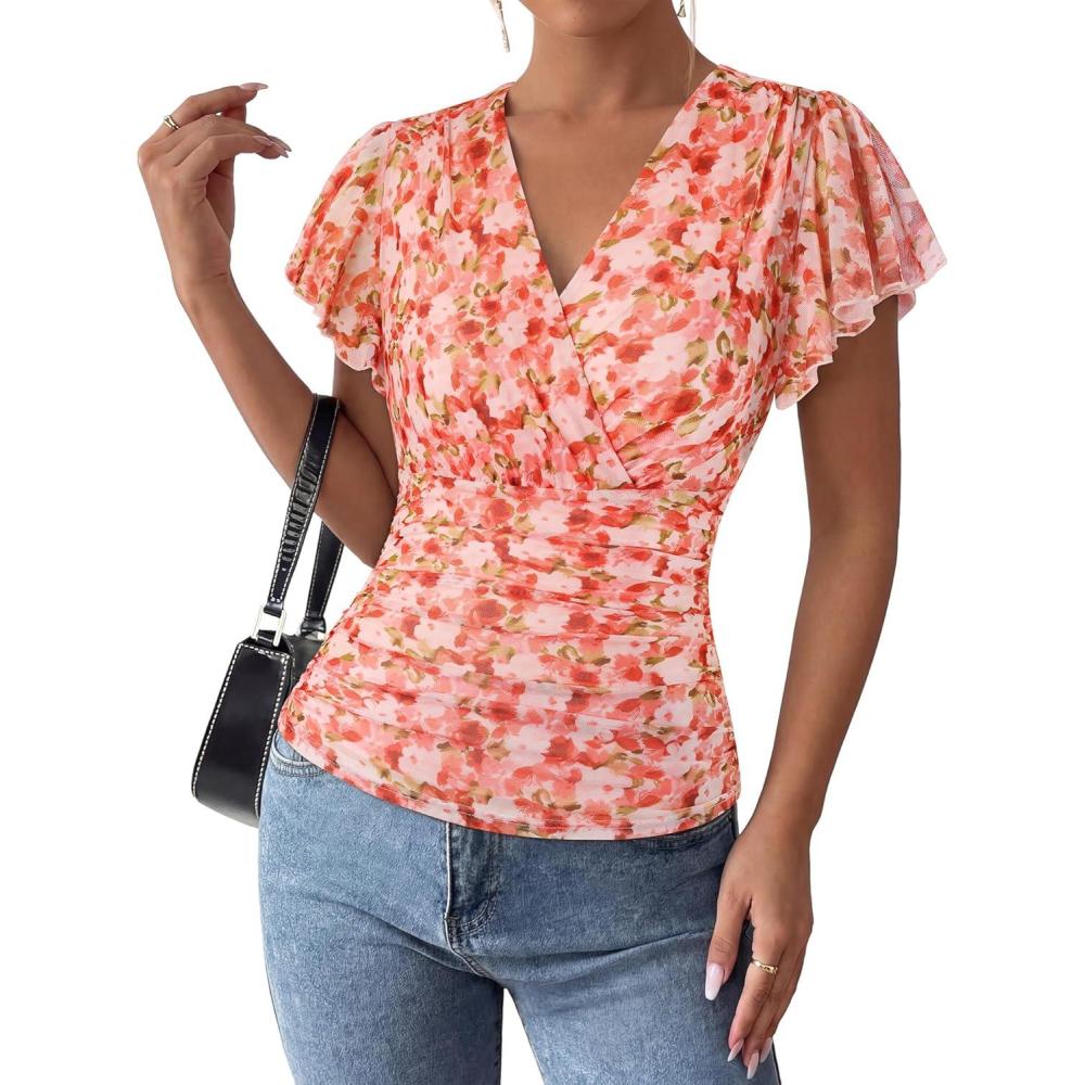 imageGRACE KARIN 2026 Womens Mesh Tops Summer Ruffle Sleeve Dressy Casual Top Floral Wrap Blouse Fashion OutfitsOrange Floral