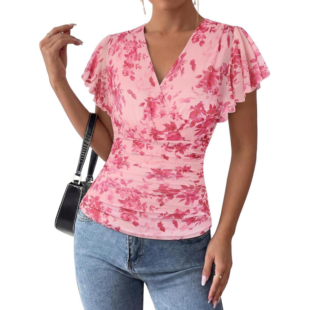 imageGRACE KARIN 2026 Womens Mesh Tops Summer Ruffle Sleeve Dressy Casual Top Floral Wrap Blouse Fashion OutfitsPink Red Floral