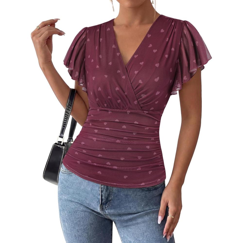 imageGRACE KARIN 2026 Womens Mesh Tops Summer Ruffle Sleeve Dressy Casual Top Floral Wrap Blouse Fashion OutfitsWine Red