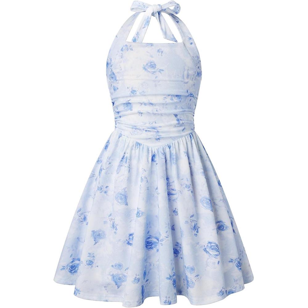 imageGRACE KARIN Girls Floral Summer Dress Spring Holiday Beach Party Sundress Halter Neck Tie Backless Dresses 716 YearsLight Blue Roses