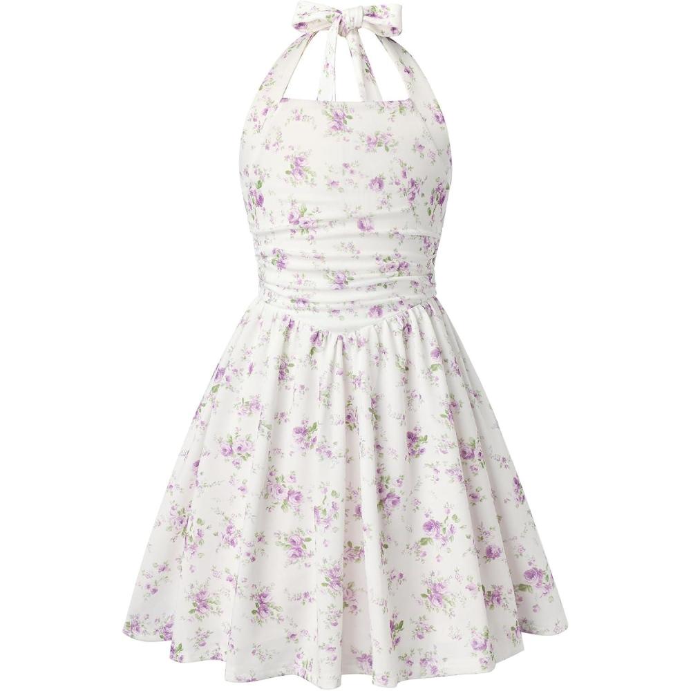 imageGRACE KARIN Girls Floral Summer Dress Spring Holiday Beach Party Sundress Halter Neck Tie Backless Dresses 716 YearsPurple Green Floral