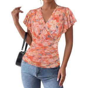 GRACE KARIN 2026 Womens Mesh Tops Summer Ruffle Sleeve Dressy Casual Top Floral Wrap Blouse Fashion Outfits(Orange Flower)