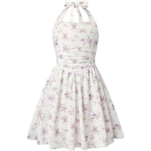 GRACE KARIN Girls Floral Summer Dress Spring Holiday Beach Party Sundress Halter Neck Tie Backless Dresses 7-16 Years(Purple Green Floral)