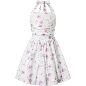 GRACE KARIN Girls Floral Summer Dress Spring Holiday Beach Party Sundress Halter Neck Tie Backless Dresses 7-16 Years(Purple Roses)