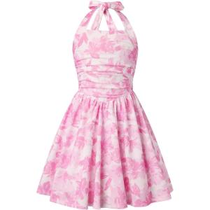 GRACE KARIN Girls Floral Summer Dress Spring Holiday Beach Party Sundress Halter Neck Tie Backless Dresses 7-16 Years(Rose Red Leaves)