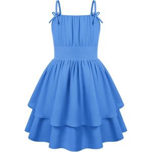 GRACE KARIN Girls Summer Spaghetti Strap Dress Teen Easter Formal Dance Cami Sundress Smocked Back Dresses 7-14 Years(Dark Denim Blue)
