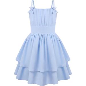GRACE KARIN Girls Summer Spaghetti Strap Dress Teen Easter Formal Dance Cami Sundress Smocked Back Dresses 7-14 Years(Light Blue)