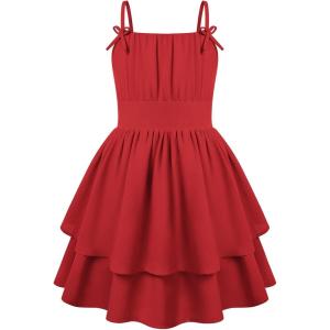 GRACE KARIN Girls Summer Spaghetti Strap Dress Teen Easter Formal Dance Cami Sundress Smocked Back Dresses 7-14 Years(Red)