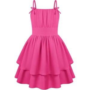 GRACE KARIN Girls Summer Spaghetti Strap Dress Teen Easter Formal Dance Cami Sundress Smocked Back Dresses 7-14 Years(Rose Red)