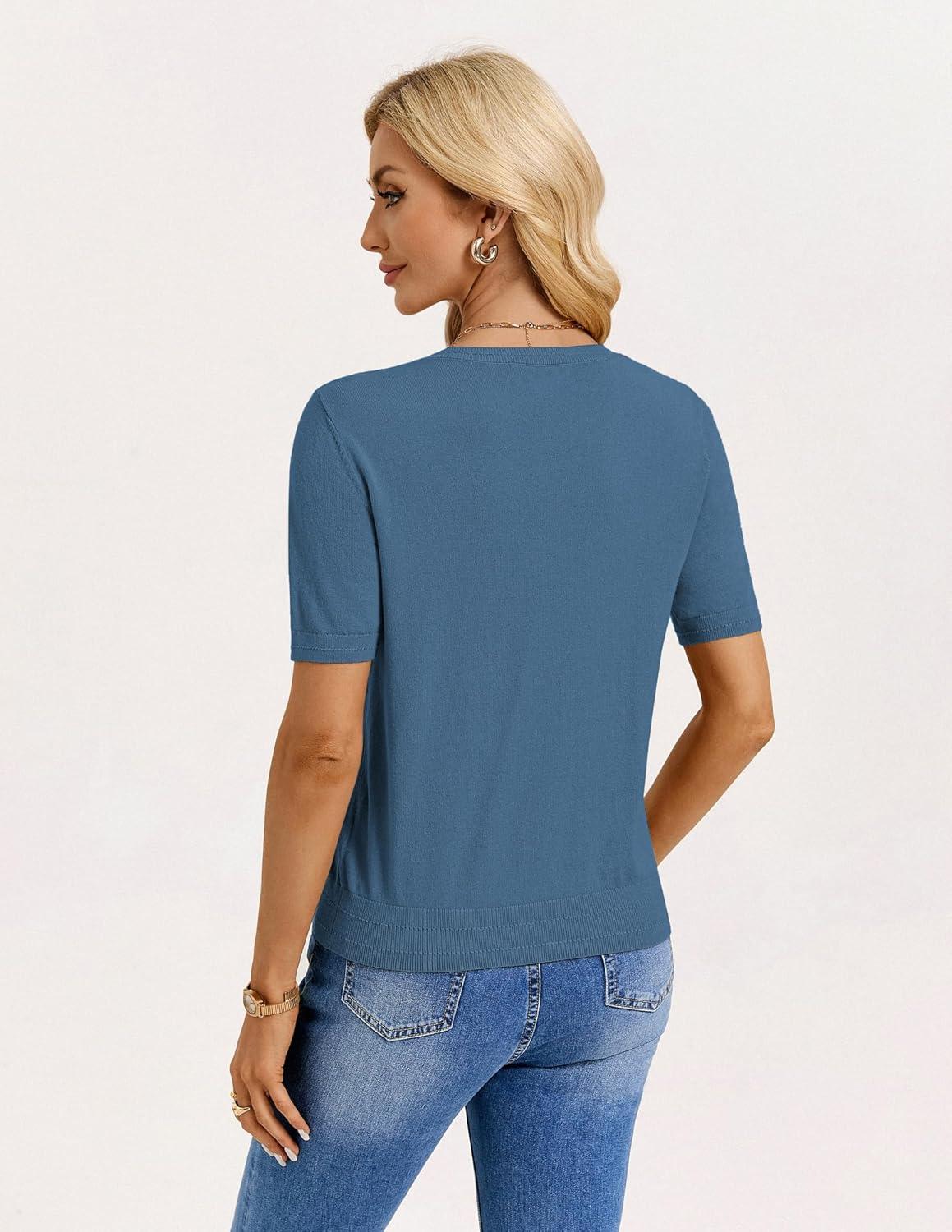 imageGRACE KARIN Short Sleeve Sweater for Women Summer Cotton Tops 2026 Business Casual Fashion Clothing Work Outfits ShirtGrey Blue