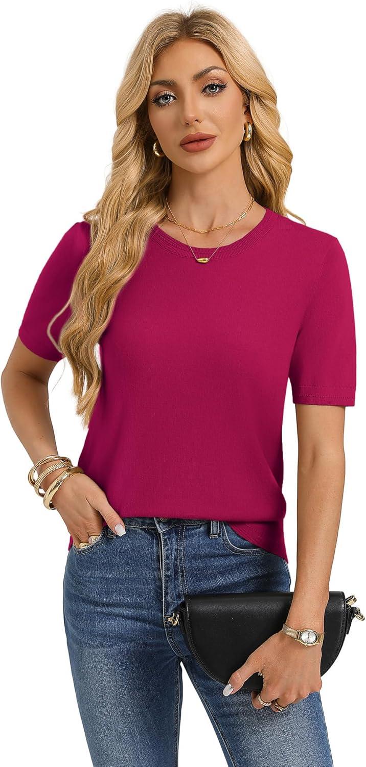 imageGRACE KARIN Short Sleeve Sweater for Women Summer Cotton Tops 2026 Business Casual Fashion Clothing Work Outfits ShirtRaspberry Pink